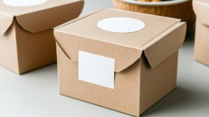 A cardboard box holding a promotional kit with white stickers on it.